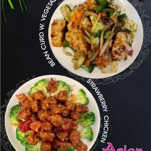 two plates of asian food