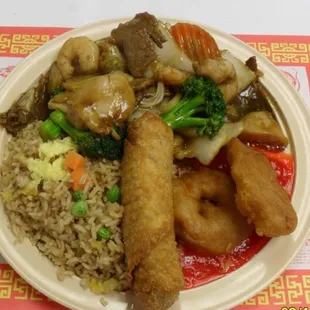 Combination Platter - Triple Delight with Sweet &amp; Sour Shrimp and an Egg Roll