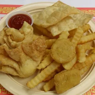 Child&apos;s Plate - Chicken Nuggets, French Fries, Cheese Puff, and Fried Wonton.  Only $2.99!