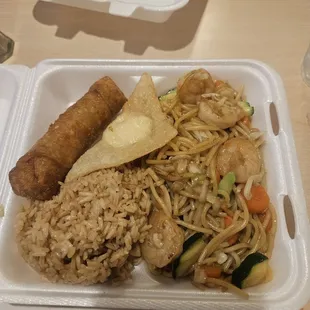 Shrimp Lo-mein {served in a to go box with plastic cutlery}