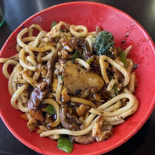 Chicken, steak, with garlic soy and udon