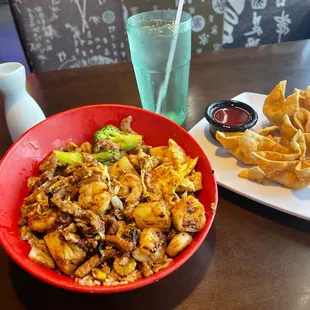 Stir fry, lechee sake, fried cream cheese puffs