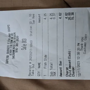 Receipt for 1 fish