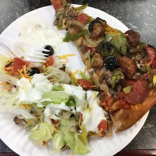 Combo pizza and garden salad.