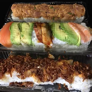 Reverse Spicy, Caterpillar and Crunchy California Rolls