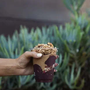 a hand holding a cup of ice cream