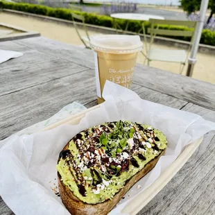 Mediterranean toast and lavender latte