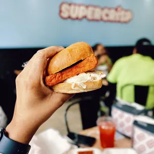 a person holding a sandwich