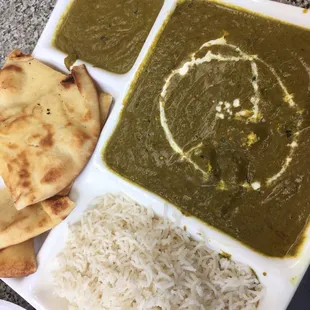Saag paneer with basmati rice and some of the tastiest naan I&apos;ve eaten