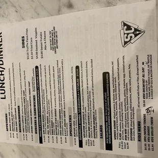 a menu for lunch dinner