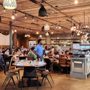 a restaurant with people sitting at tables