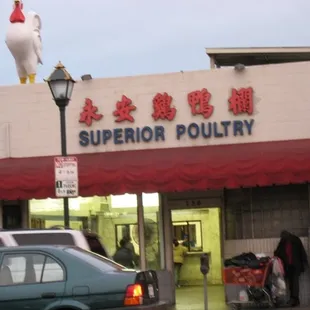 a chicken on top of a building