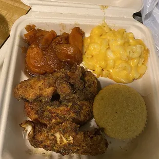 Lemon pepper chicken tenders, Mac &amp; cheese, candied yams and cornbread muffin!