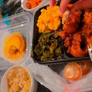 Rice &amp; Gravy , Greens, Macaroni Cheese, Slap Ya Momma Tenders, Cornbread, Yams.