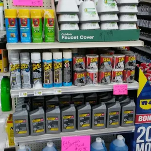 a shelf of cleaning products