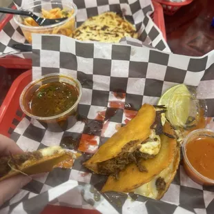 Birria tacos and cheese pupusas.  Yum!