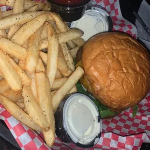 a basket of fries and a hamburger