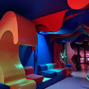 a brightly colored lounge area