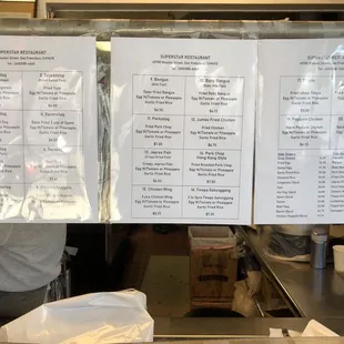 Menu inside and over the counter. Check the menu ON the counter before cashier to see what&apos;s sold out for the day