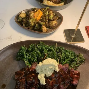 Hanger steak with broccolini, Brussels, bison