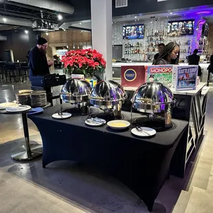 a buffet table with food on it