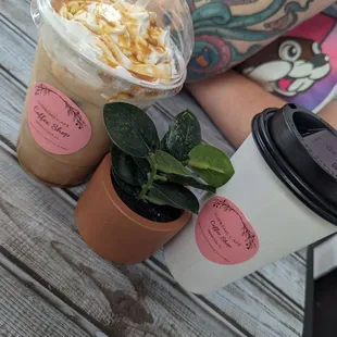 Caramel Iced Espresso Latte (left) and Hot Carmel Macchiato (right)