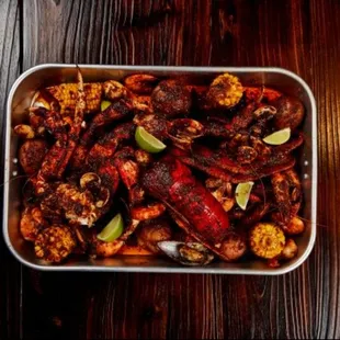 a close up of a dish of seafood
