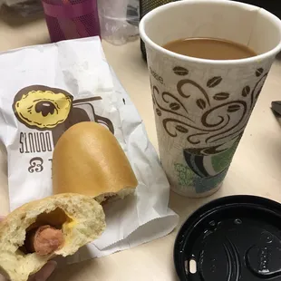 sausage and cheese kolache with coffee. Brought it to work