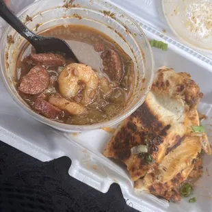 Showing all of the meat in the bowl of gumbo