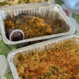 Cabbage, vegan turkey, and vegan Mac and cheese