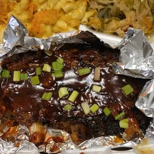 Vegan platter with watermelon bbq sauce ribs, Mac &amp; cheese and cabbage- Tasty!