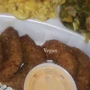 Vegan Shrimp platter with vegan Mac &amp; cheese and greenz. $25 Everything was good!