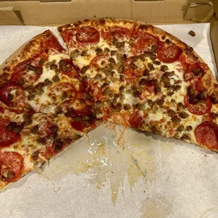 Sausage and pepperoni, regular crust.