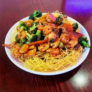 Home-Styled Pan Fried Noodles prepared and served in-house at our restaurant.