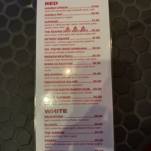 Pizza menu