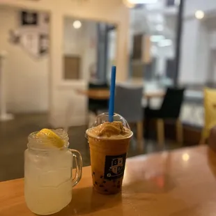 our drinks left: homemade lemonade right: frozen thai tea bubble tea