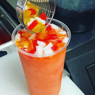 Watermelon and Mango slush with Rainbow Jelly