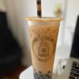 Black milk tea with oat milk and boba