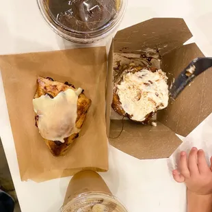 Cold brew, cranberry orange scone, cinnamon roll, vanilla oat milk latte