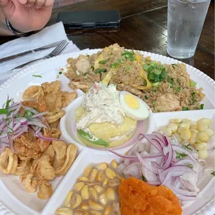 Sampler platter, chicken fried rice, calamari, Causa Limena, and Ceviche de Pescado