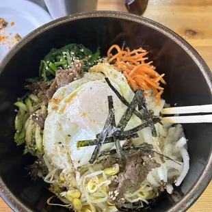 Bibim bap in the hot bowl. Very good