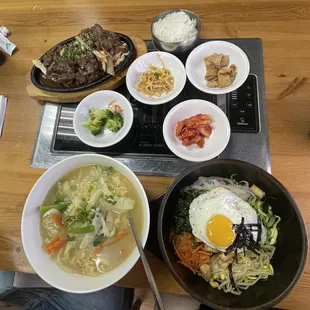 Veggie Ramen, Bulgogi, and Tofu Dolseot Bibimabab