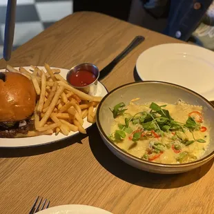 Burger - $18, would have better with less mayo. Pea Ravioli - $20. We didn't care for this as much as we thought we would.