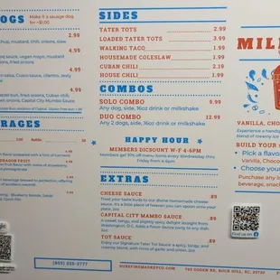 a menu for a hot dog