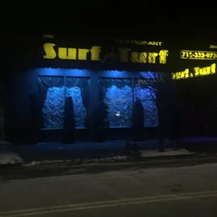 a storefront at night