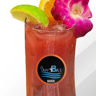 a drink with a flower garnish