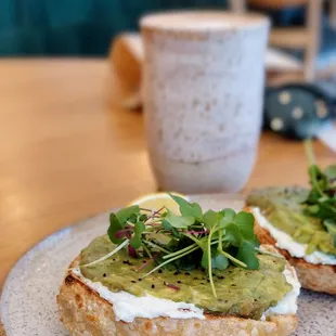 Avocado Bagel Toast and a Blueberry Mocha Latte