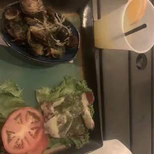 Brussels sprouts, grilled chicken sandwich (without bun)