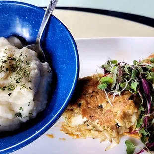 crab cakes with mashed potatoes as a side