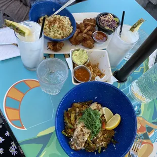 Mahi Mahi rice bowl, calamari, Mac &amp; cheese + coconut shrimp and slaw  ++ coconut refreshers